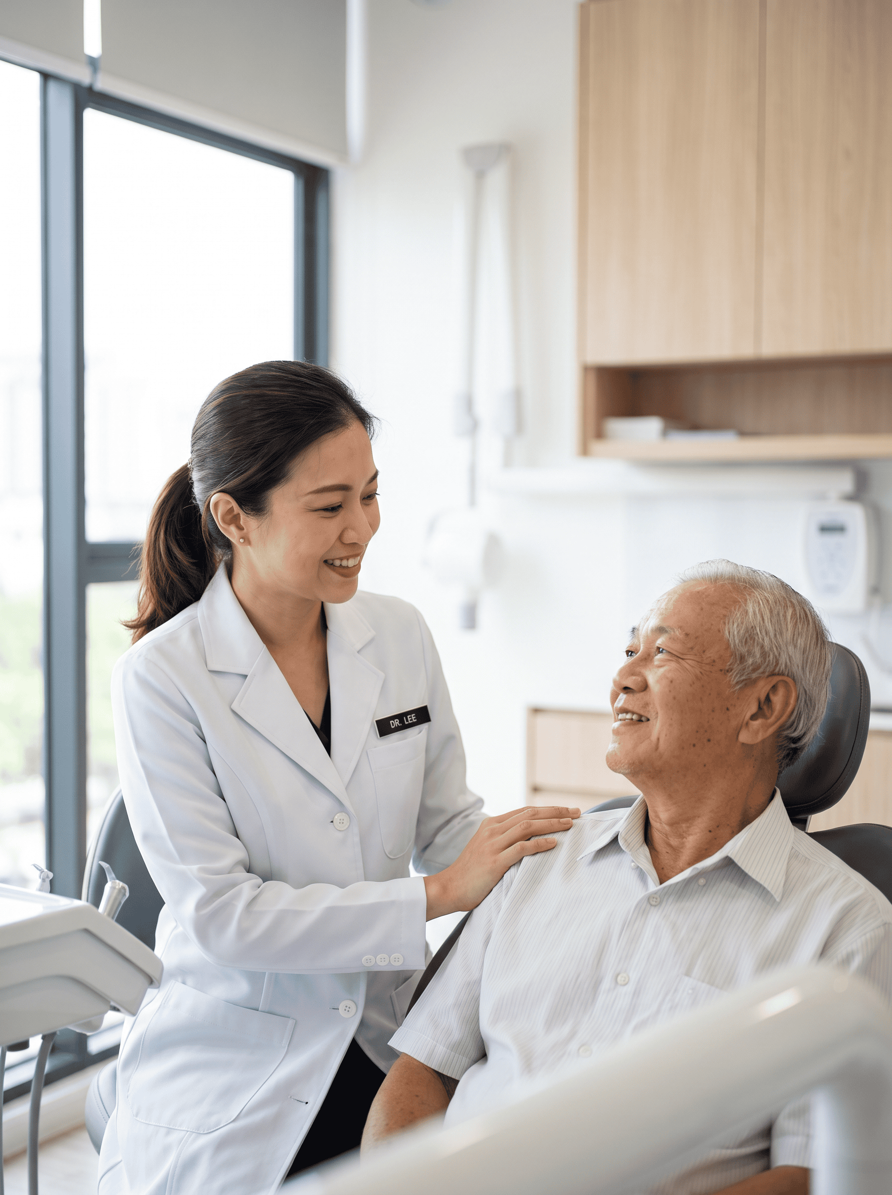 Dentist smiling and talking with elderly patient in dental clinic.