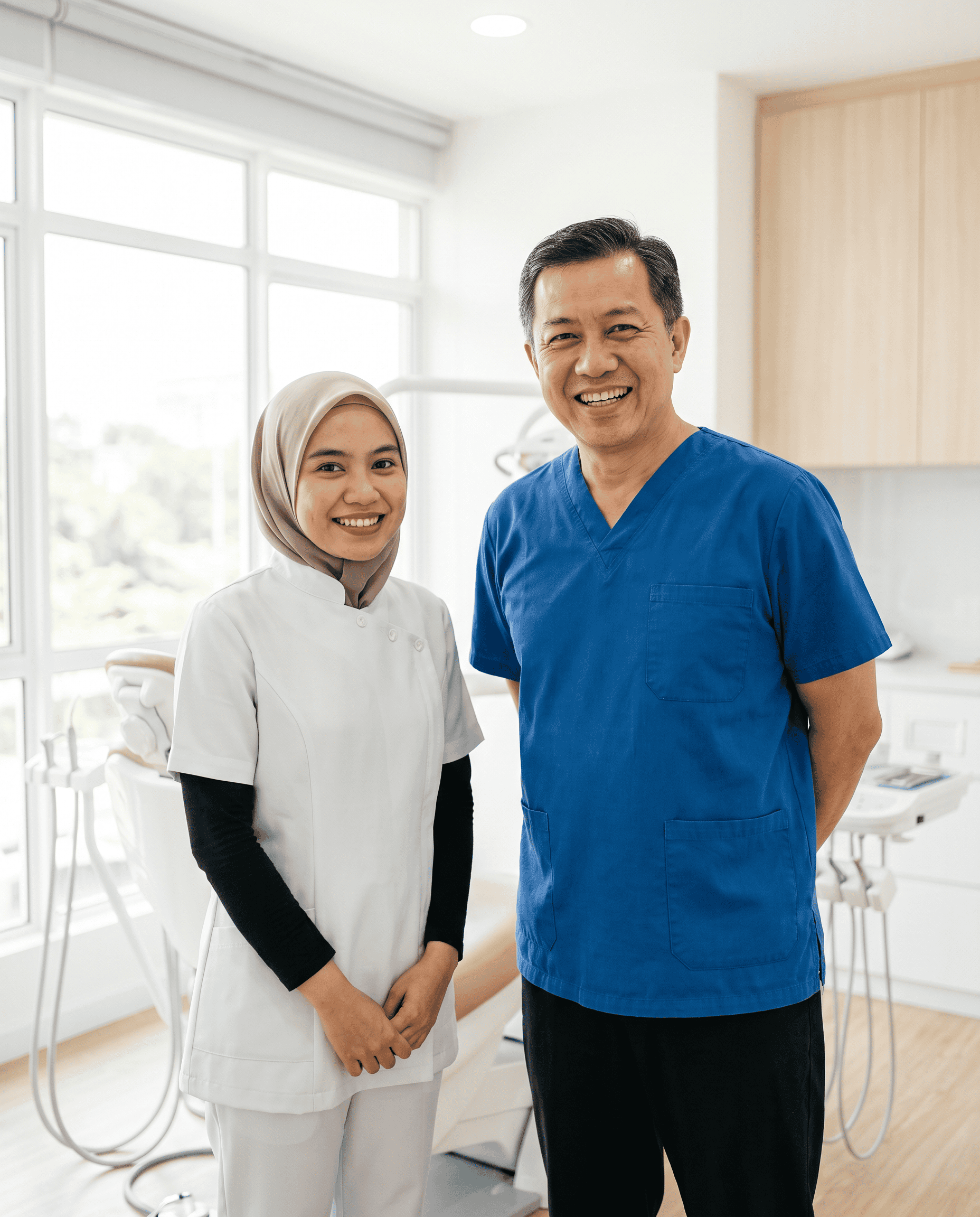 Smiling dental professionals in clinic with bright natural light.