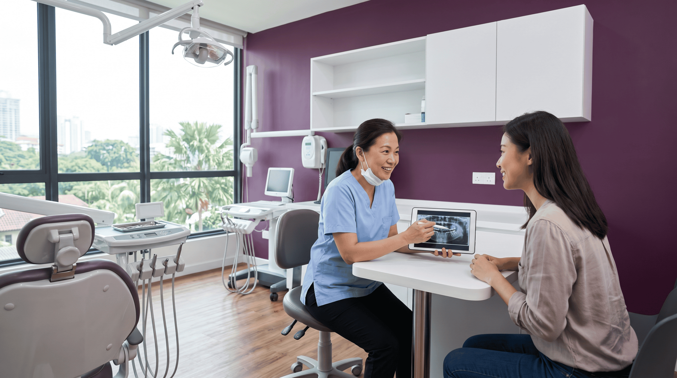 Dentist consulting with patient in modern dental clinic.
