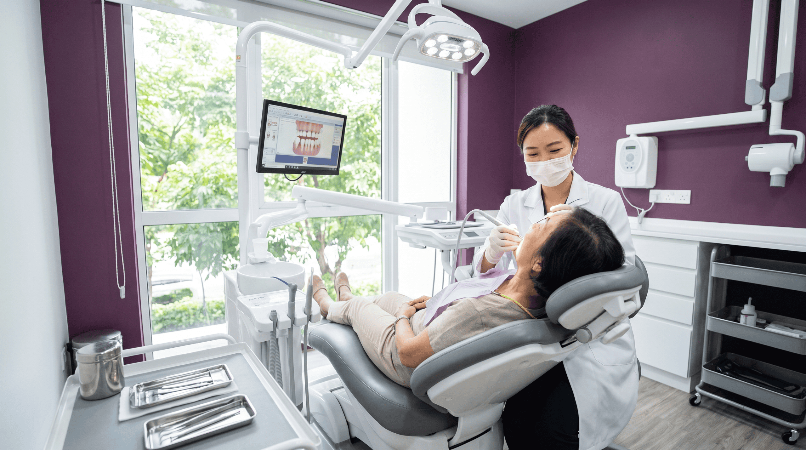 Dentist performing dental check-up on patient in modern clinic setting.